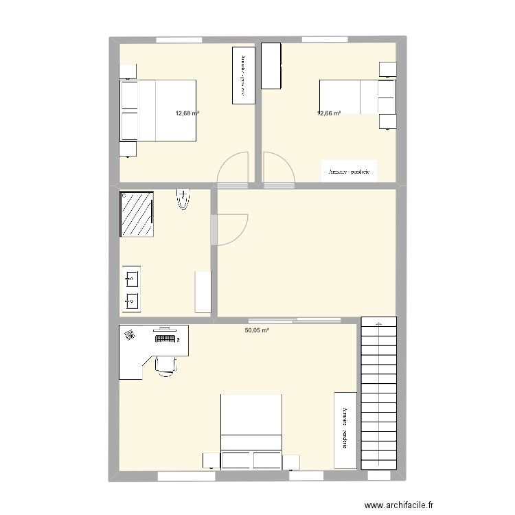 Construction bure. Plan de 3 pièces et 75 m2