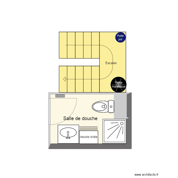 Salle de douche & escalier. Plan de 2 pièces et 3 m2
