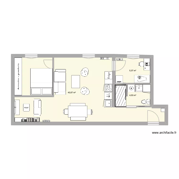 Plan Gabrielle/Marie/Louis V2. Plan de 3 pièces et 53 m²