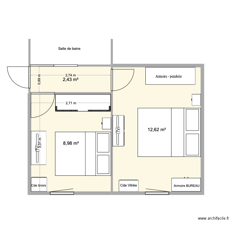 chambre jc les voiles. Plan de 3 pièces et 24 m2