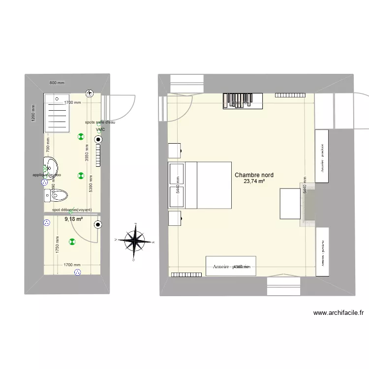 chambre nord et salle de bain. Plan de 2  et 33 m²