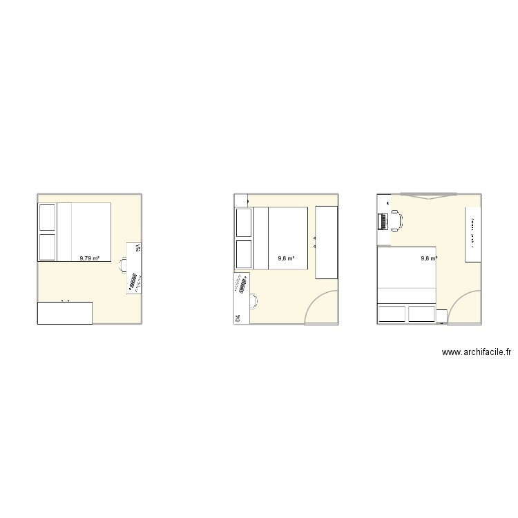 chambre. Plan de 3 pièces et 29 m2