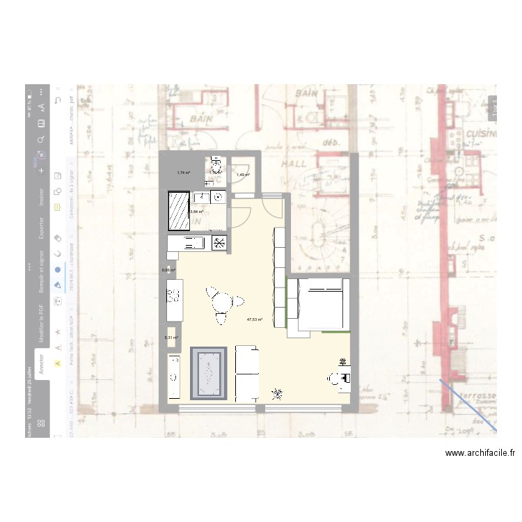 Projet JEN La Cambre v01. Plan de 7 pièces et 56 m2