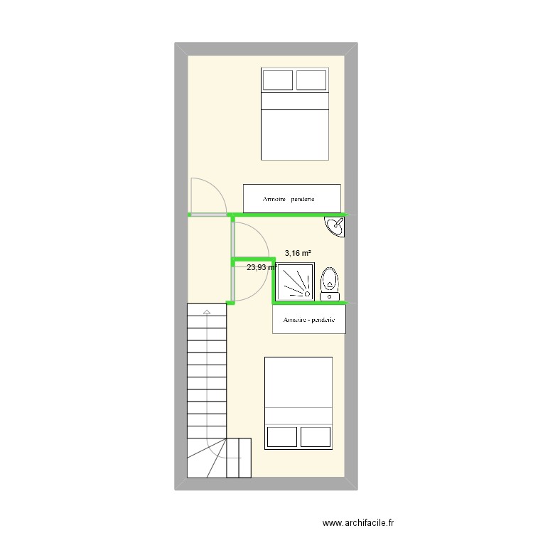 comble. Plan de 2 pièces et 27 m2