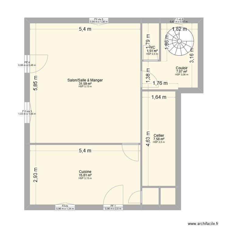 BRUNEAU LOG 1 RDC. Plan de 7 pièces et 65 m2