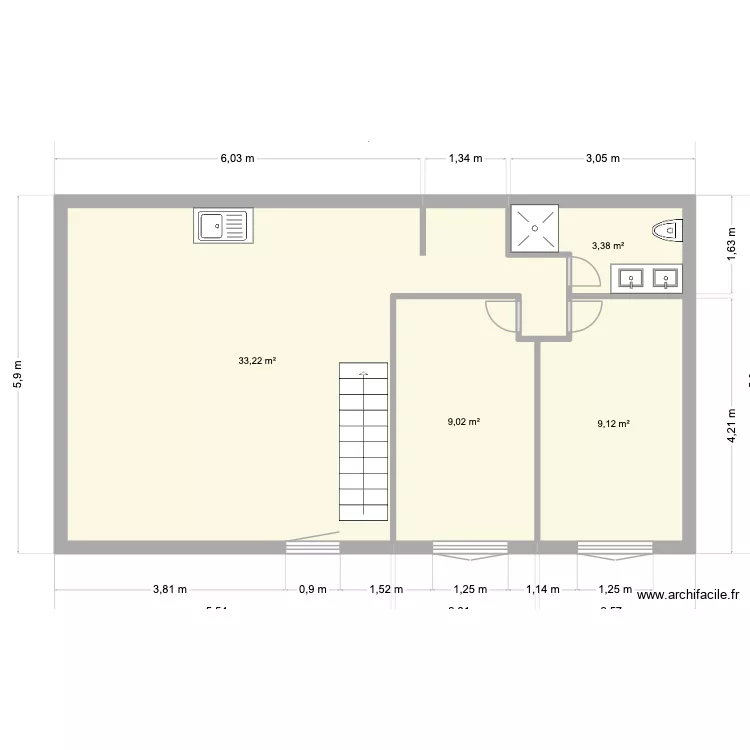 Am&eacute;nagement atelier PAMFOU. Plan de 4 Pièces et 55 m²
