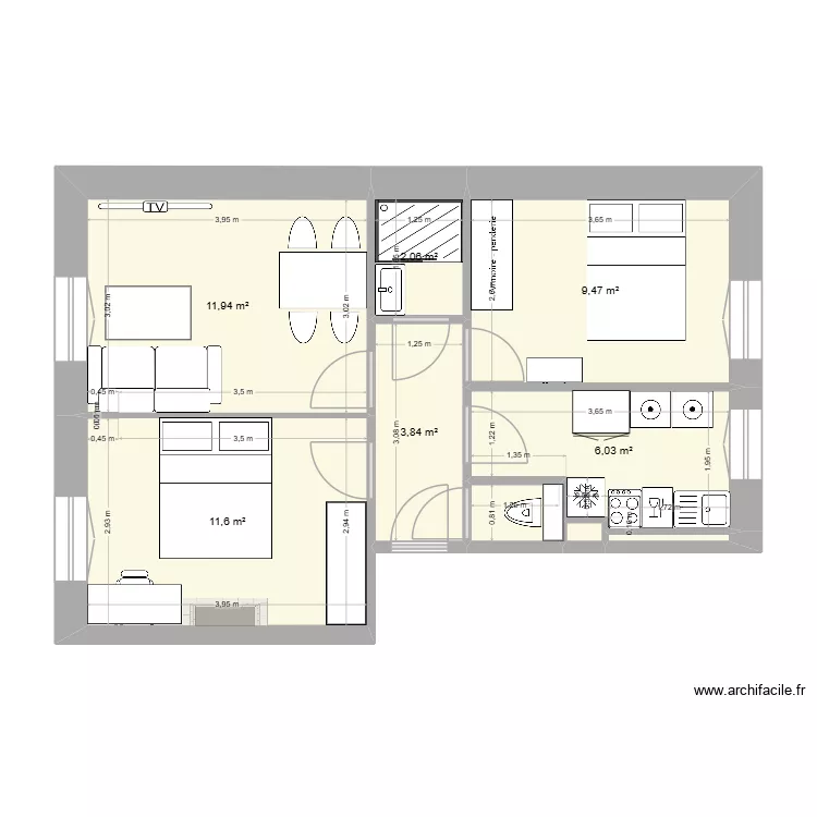 Paul Bert - Cloison - 2 chambres. Plan de 9  et 46 m²