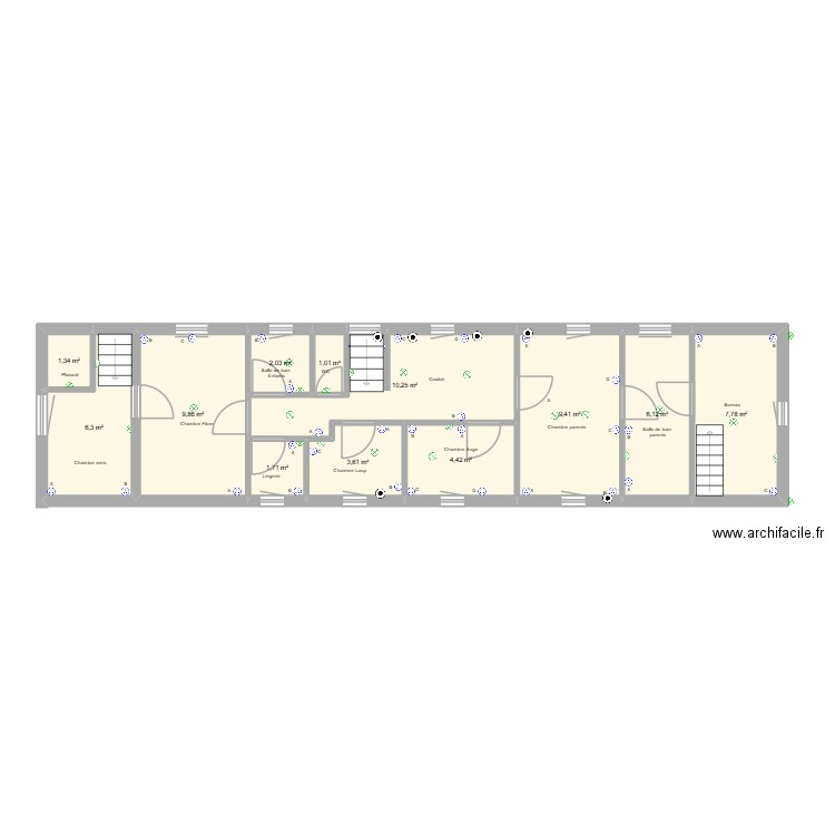 Montgoux étage électricité. Plan de 12 pièces et 64 m2