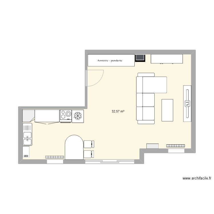 RDC. Plan de 1 pièce et 33 m2