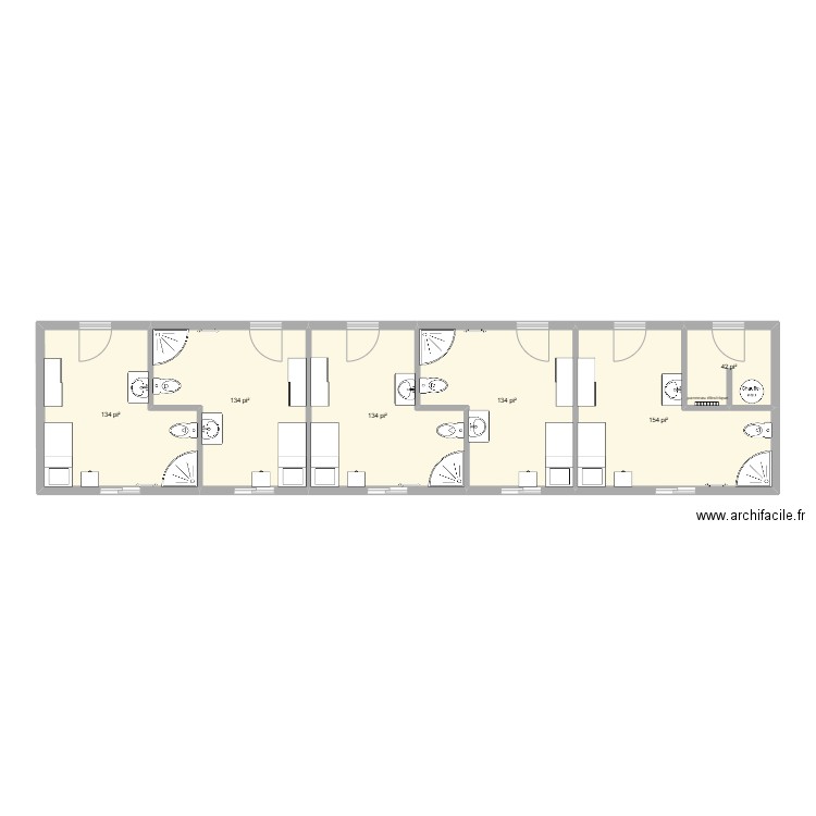 module dortoir 14x64 5 chamnbre 1 passage modifier. Plan de 6 pièces et 68 m2