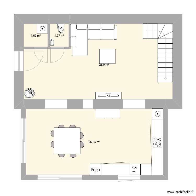 Maison RDC. Plan de 4 pièces et 58 m2