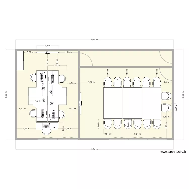 Dimensions et surfaces open space et salle de r&eacute;union. Plan de 3  et 52 m²
