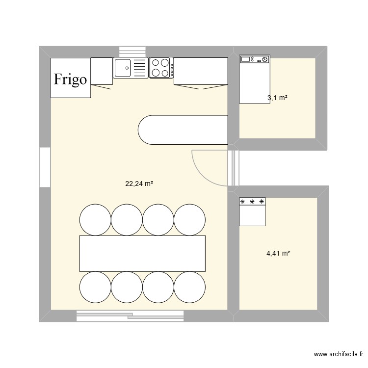 cuisine. Plan de 3 pièces et 30 m2