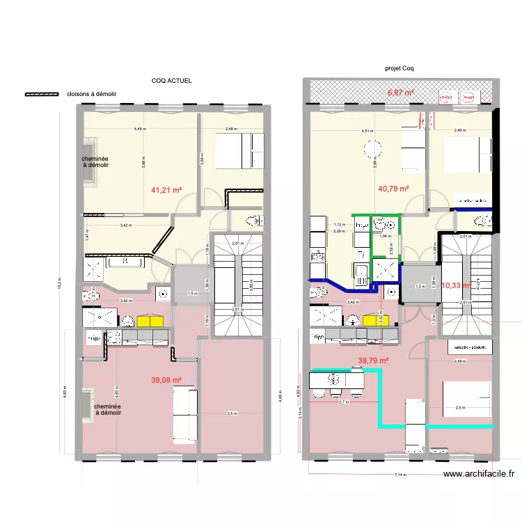 1er &eacute;tage Coq apr&egrave;s travaux 2024. Plan de 8  et 188 m²