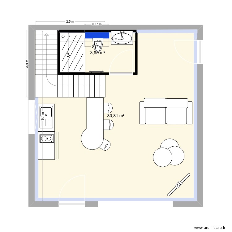 POOL HOUSE. Plan de 2 pièces et 39 m2