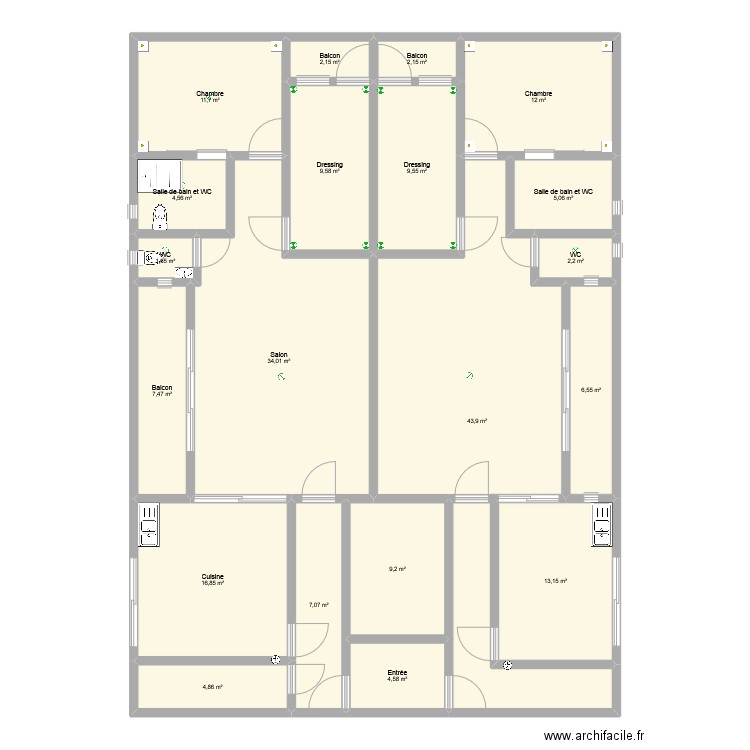 Etage_Apts scindés. Plan de 20 pièces et 208 m2