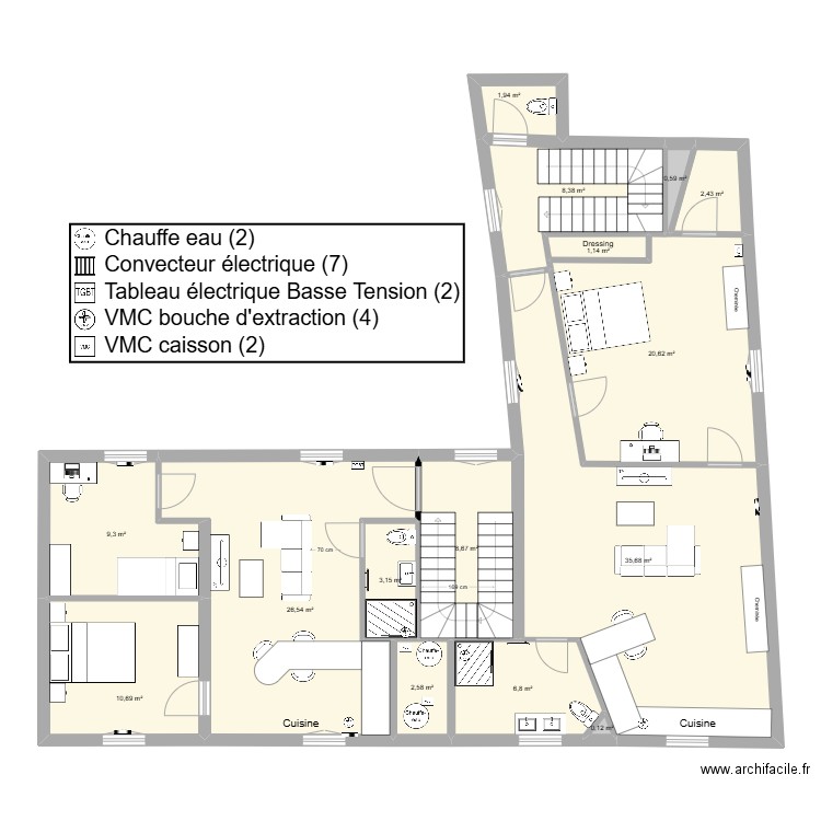 Plan Réhabilitation amenagement 1er CDL. Plan de 15 pièces et 139 m2