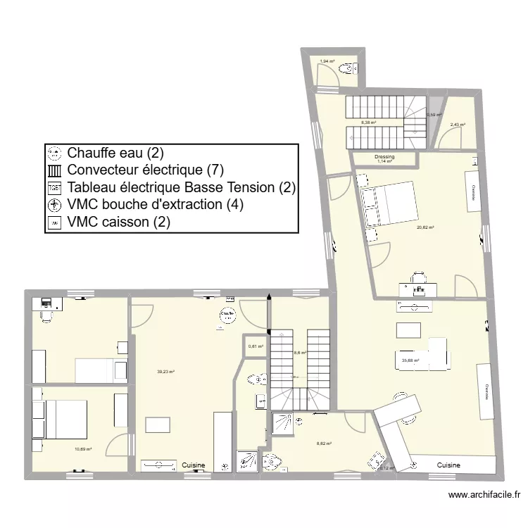 Plan R&eacute;habilitation amenagement 1er CDL. Plan de 13 pièces et 139 m²