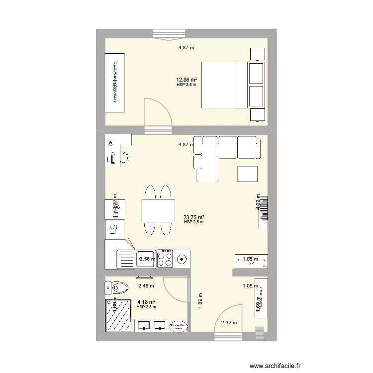 28 Quai CDG appart n&deg;2 - 1er &eacute;tage. Plan de 3  et 41 m²