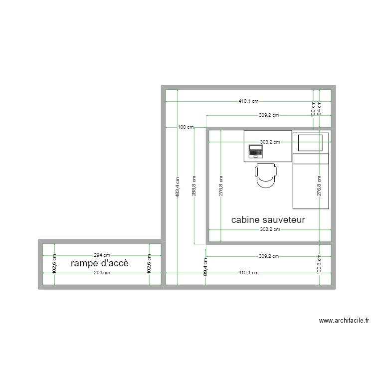 cabine plage dessus. Plan de 3 pièces et 22 m2