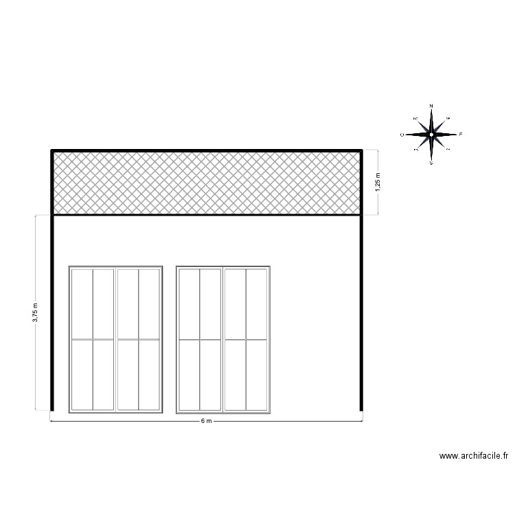 DP4 plan façade et toiture face sud avant projet. Plan de 1 pièce et 7 m2