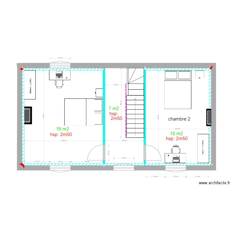 projet mamie lu étage. Plan de 12 pièces et 45 m2