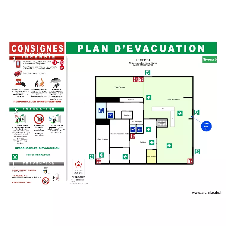 Plan d'&eacute;vacuation 1 Restaurant Le sept 4. Plan de 17  et 204 m²