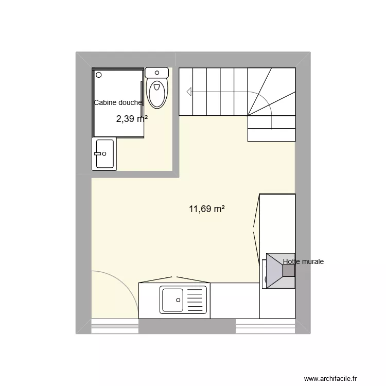 Cuisine airbnb. Plan de 2  et 14 m²