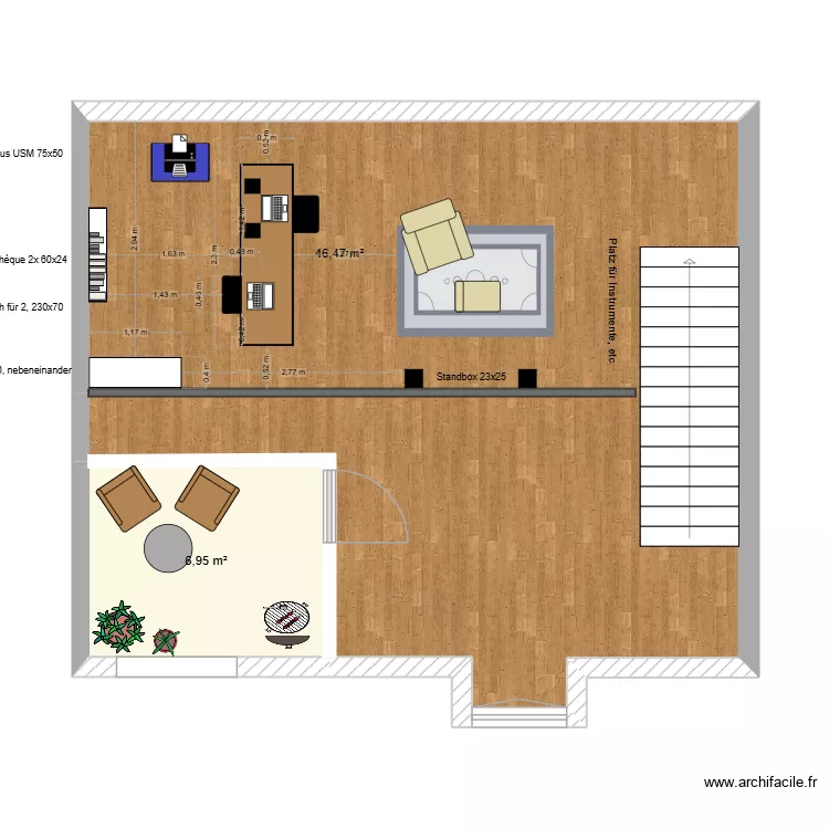 Wohnung Dana - Galerie - gemeinsamer Arbeitsplatz- Variante USM blau mit Querpult. Plan de 2 Pièces et 53 m² Wohnung Dana - Galerie - gemeinsamer Arbeitsplatz- Variante USM blau mit Querpult. Plan de 2 Pièces et 53 m²