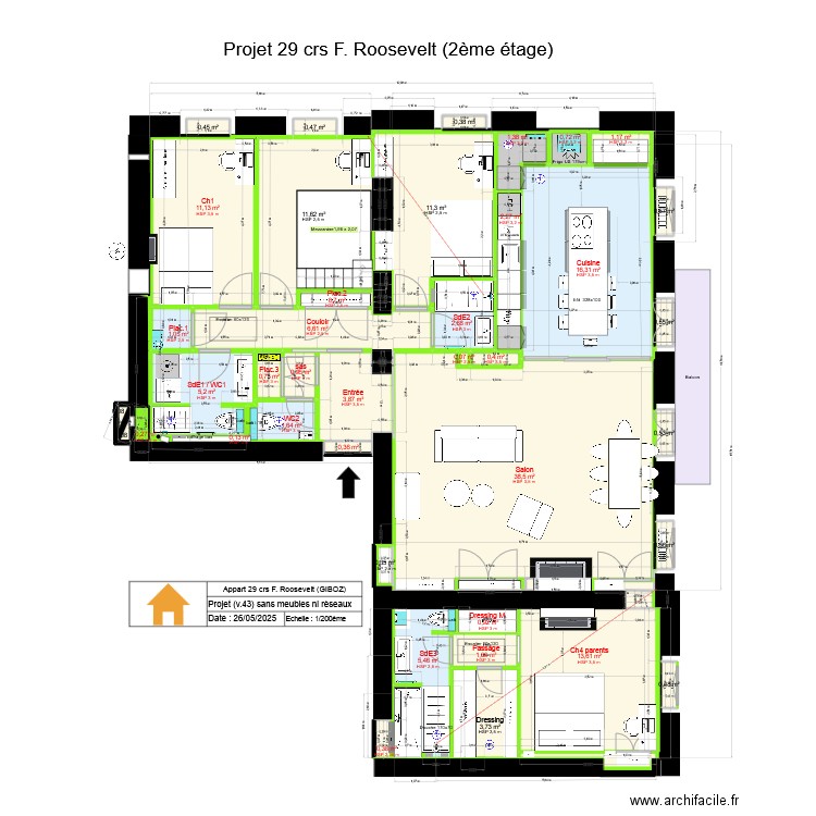 29 crs FR v43 ss meubles. Plan de 42 pièces et 150 m2