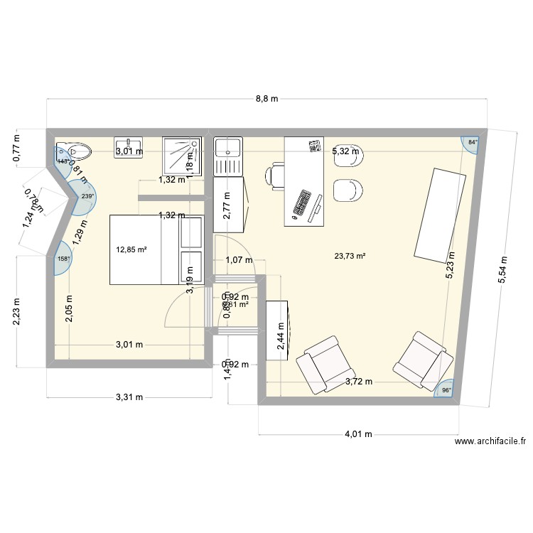 Projet cab 1. Plan de 1 pièce et 48 m2