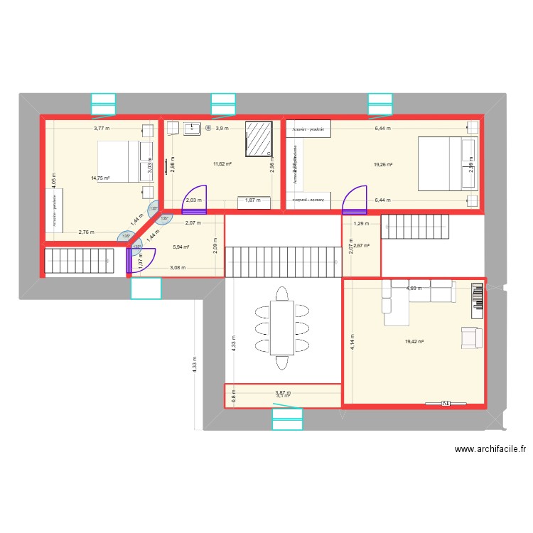 etage st martin. Plan de 7 pièces et 77 m2