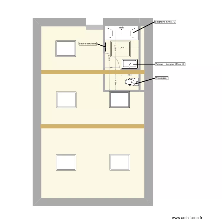 Projet Monnet - SdB &eacute;tage. Plan de 3  et 43 m²