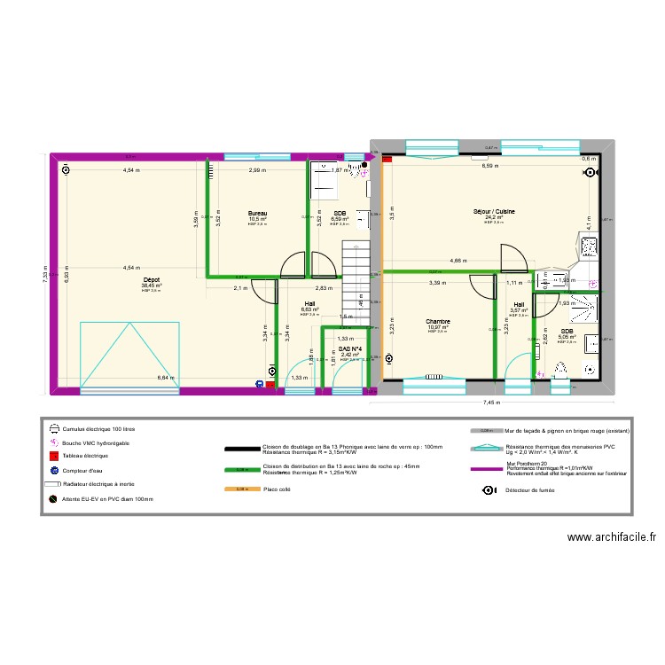 RDC *. Plan de 9 pièces et 108 m2