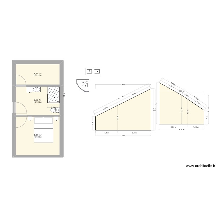 BUCHER + CHAMBRE. Plan de 3 pièces et 20 m2