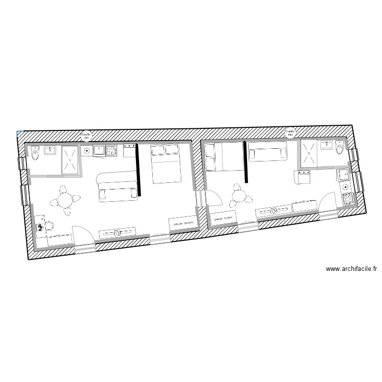 PLAN DES 2 T2 avec cloisons + bar + meubles. Plan de 2 pièces et 69 m2
