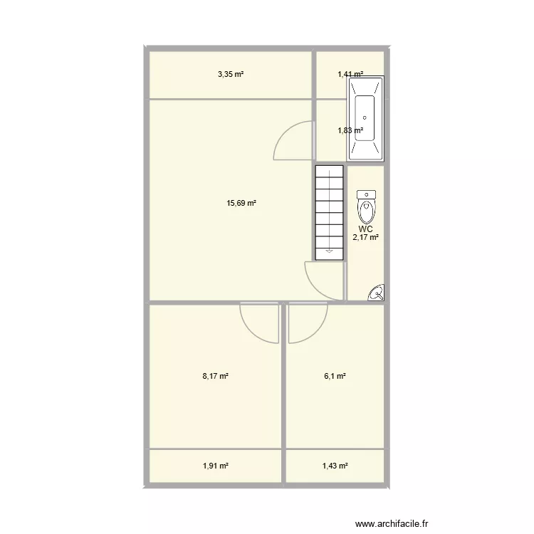 Etage T&eacute;o initial V2. Plan de 9  et 42 m²