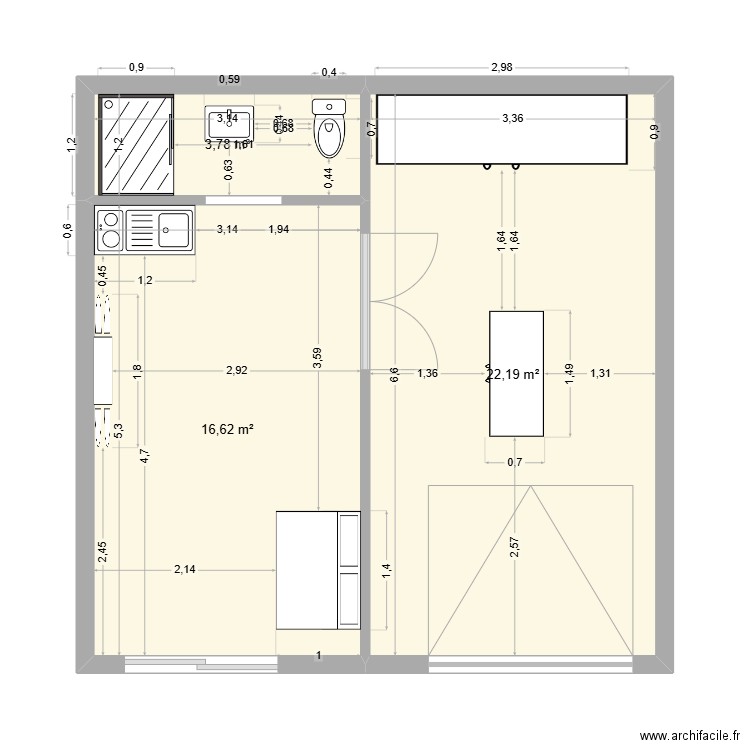 garage studio 6 personnes. Plan de 3 pièces et 43 m2