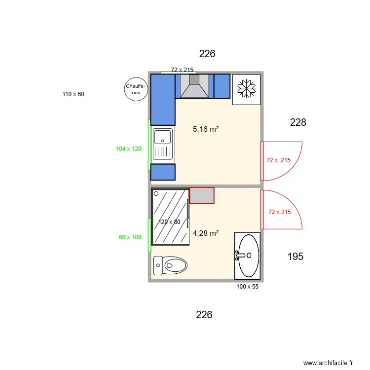 cuisine & SDB. Plan de 2 pièces et 9 m2