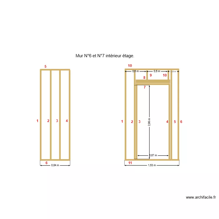 Mur int&eacute;rieur N&deg;6 et N&deg;7 &eacute;tage. Plan de 