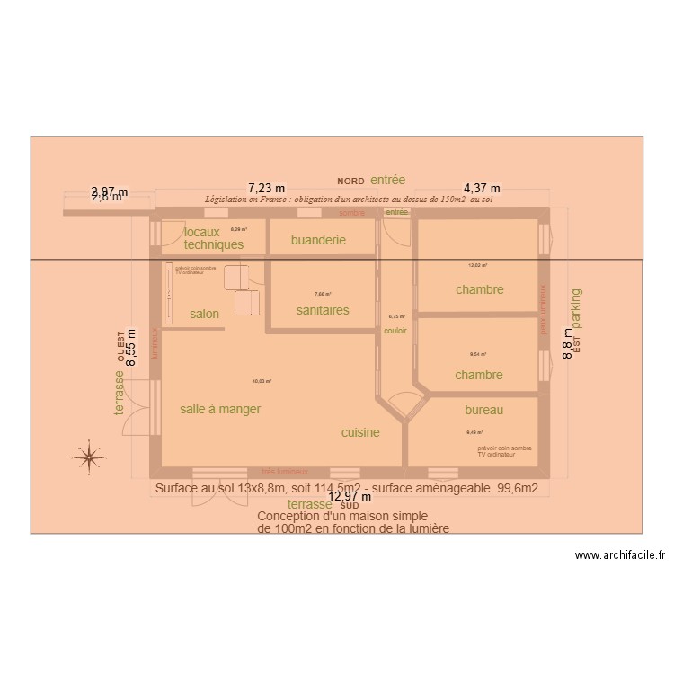 Maison toiture 100m2 01. Plan de 7 pièces et 94 m2