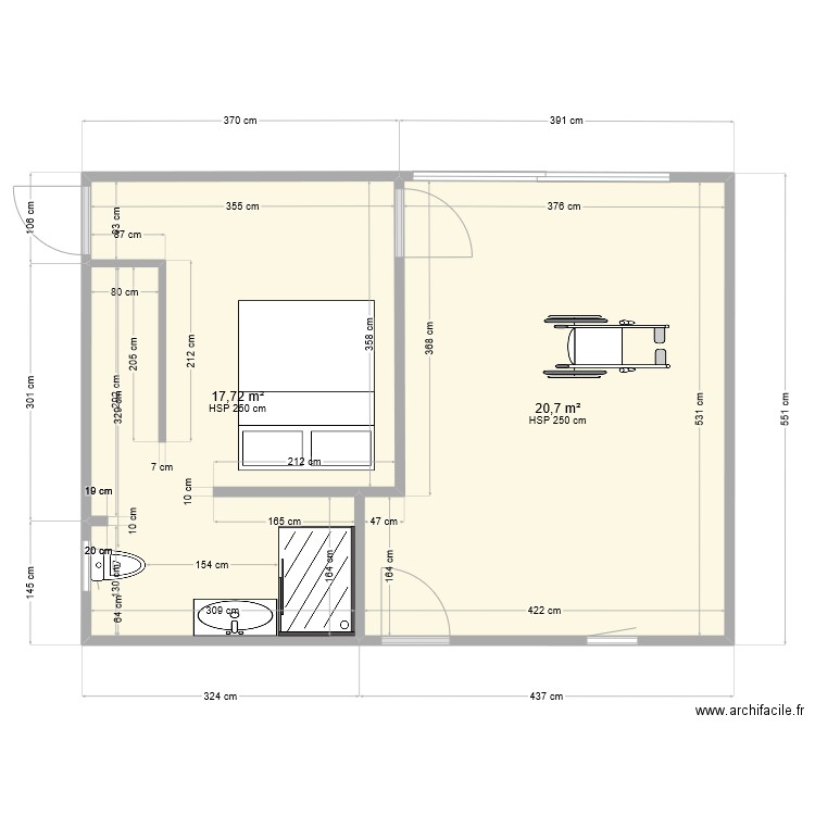 Chambre garage AuréJu 20. Plan de 2 pièces et 38 m2