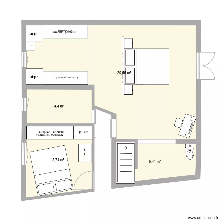 chambre dressign sdb. Plan de 4  et 48 m²