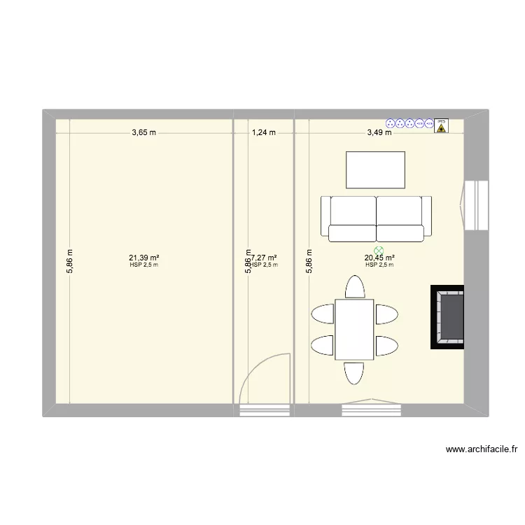 Salon et entr&eacute;e. Plan de 3  et 49 m²