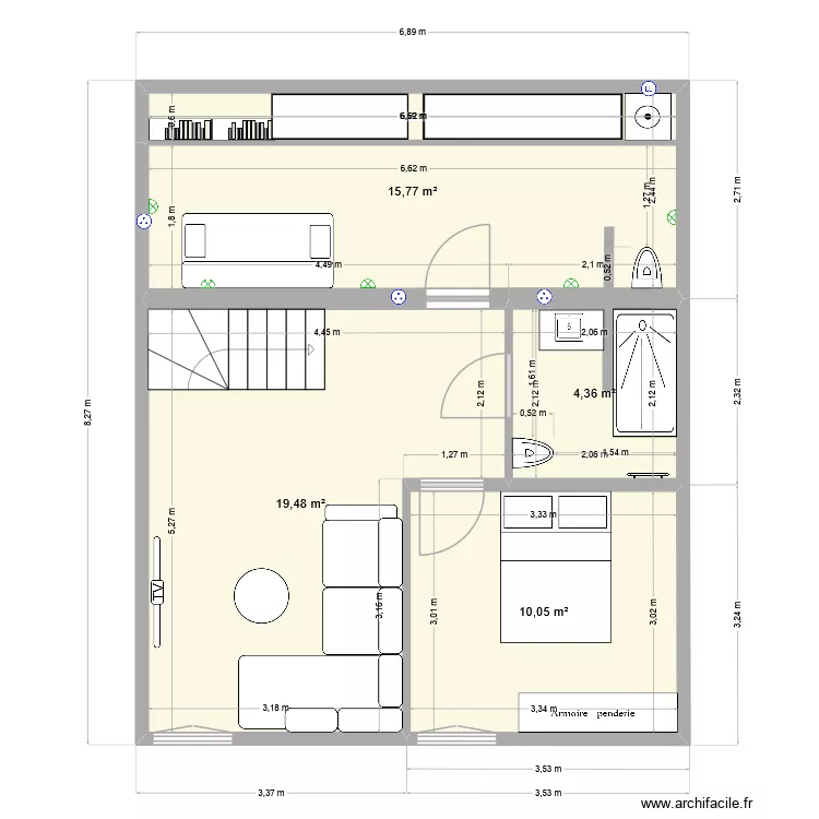 Etage. Plan de 4  et 50 m²