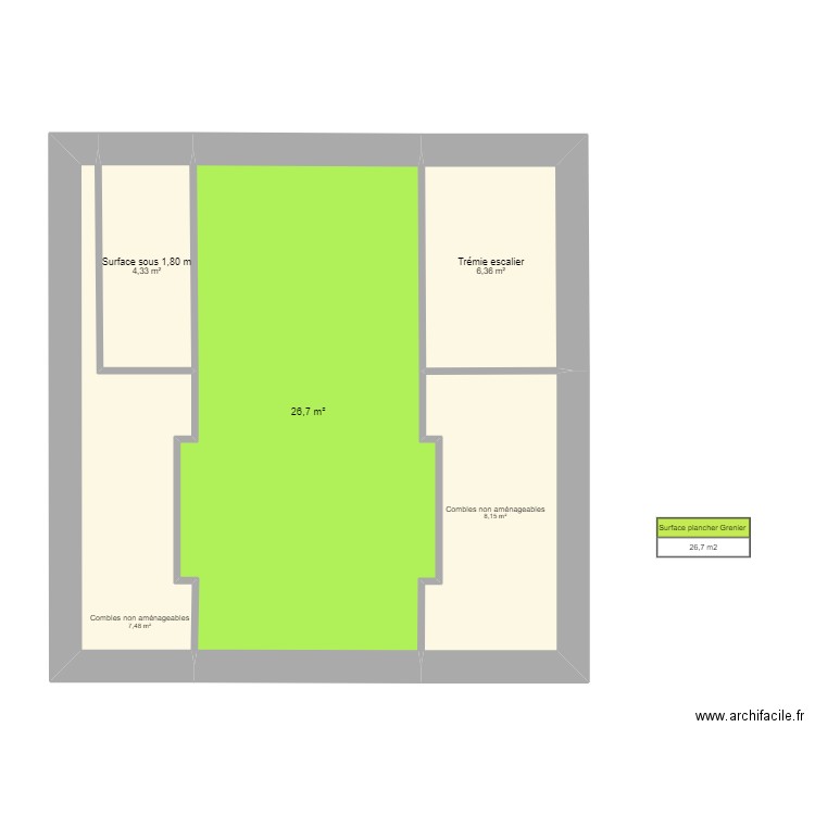 Surface Plancher Grenier. Plan de 5 pièces et 53 m2