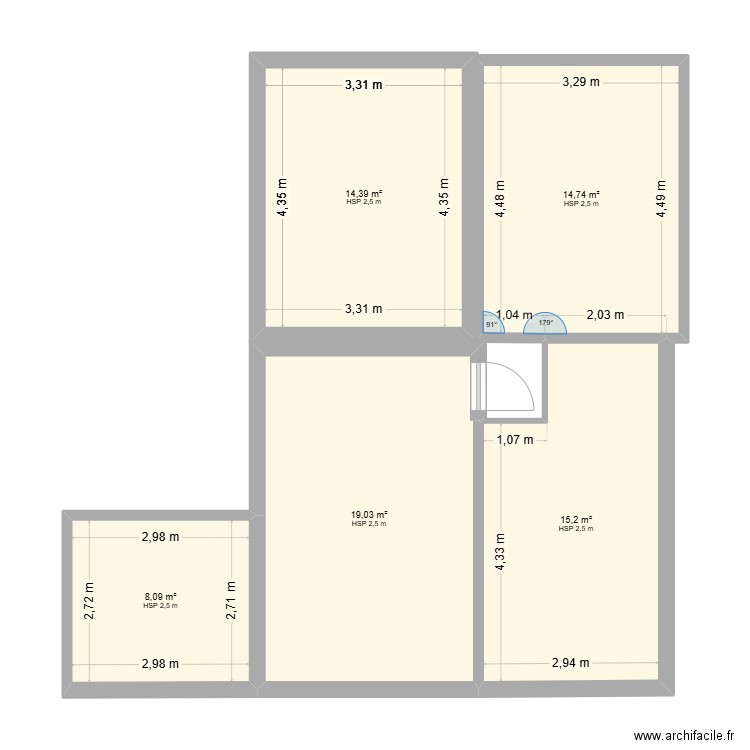 sociaux. Plan de 5 pièces et 71 m2