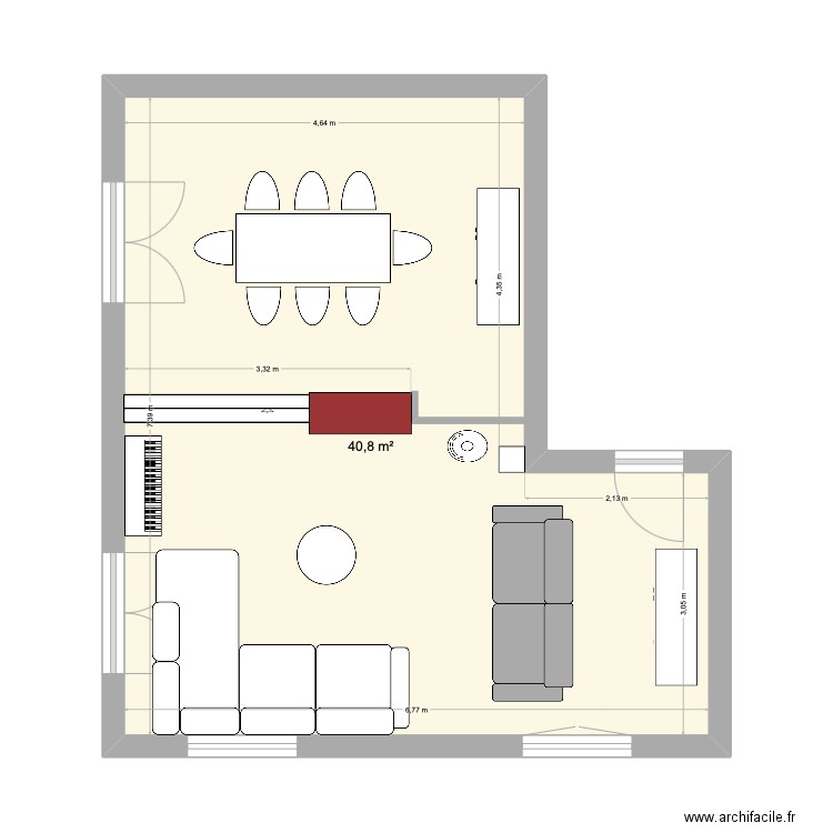 salon avec poêle. Plan de 1 pièce et 41 m2