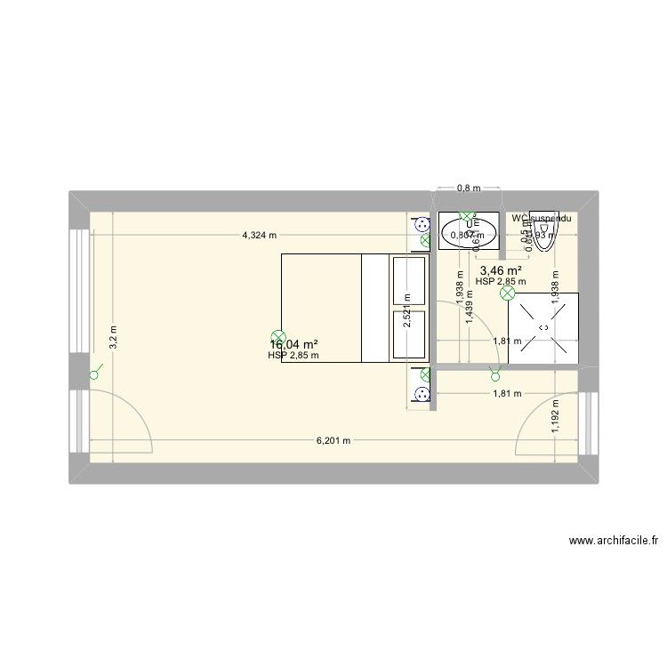 Studio. Plan de 2 pièces et 20 m2