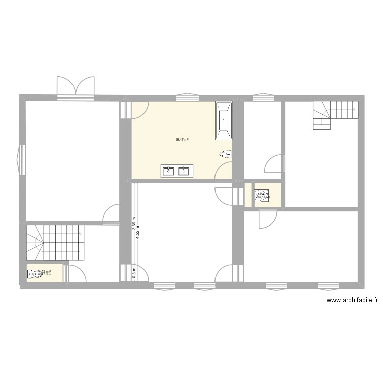 étage initial. Plan de 3 pièces et 20 m2